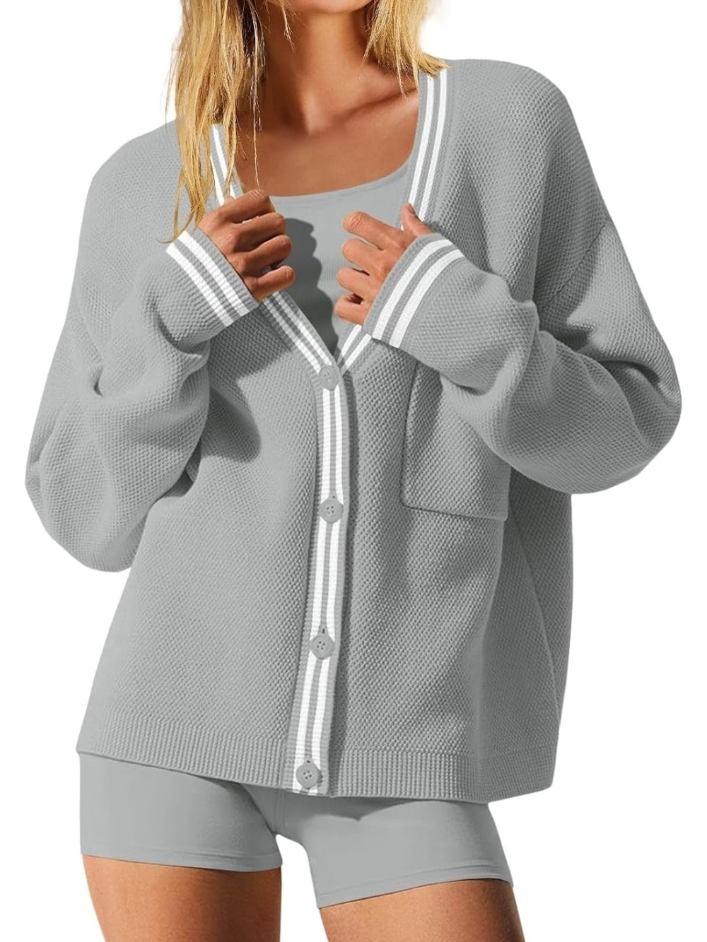Women’s Light Gray V-Neck Button Front Cardigan with Stripe Trim